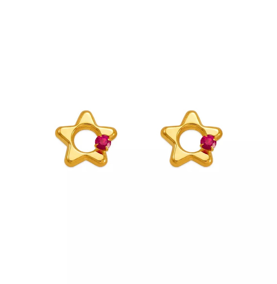 NEW 14K YELLOW GOLD RED STAR CZ STUD EARRINGS: NEW 14K YELLOW GOLD PINK STAR CZ STUD EARRINGS 14K Yellow Gold Approx. 7.5mm High Polished/Cubic Zirconia Screw Backing Available in 5.5mm-7.5mm Available in Red and White Cubic Zirconia Weight: 2.0 G