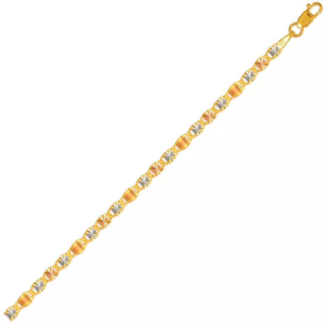 NEW 14K TRI COLOR GOLD VALENTINO 3+1 D/C CHAIN NECKLACE: NEW 14K TRI COLOR GOLD VALENTINO 3+1 D/C CHAIN NECKLACE 14K Tri Color Gold Apx Weight 2.0mm 18" = 1.9g 2.5mm 18" = 2.7g 2.7mm 18" = 4.6g 3.0mm 18" = 7.9g High Polished/Diamond Cut Available in Yellow