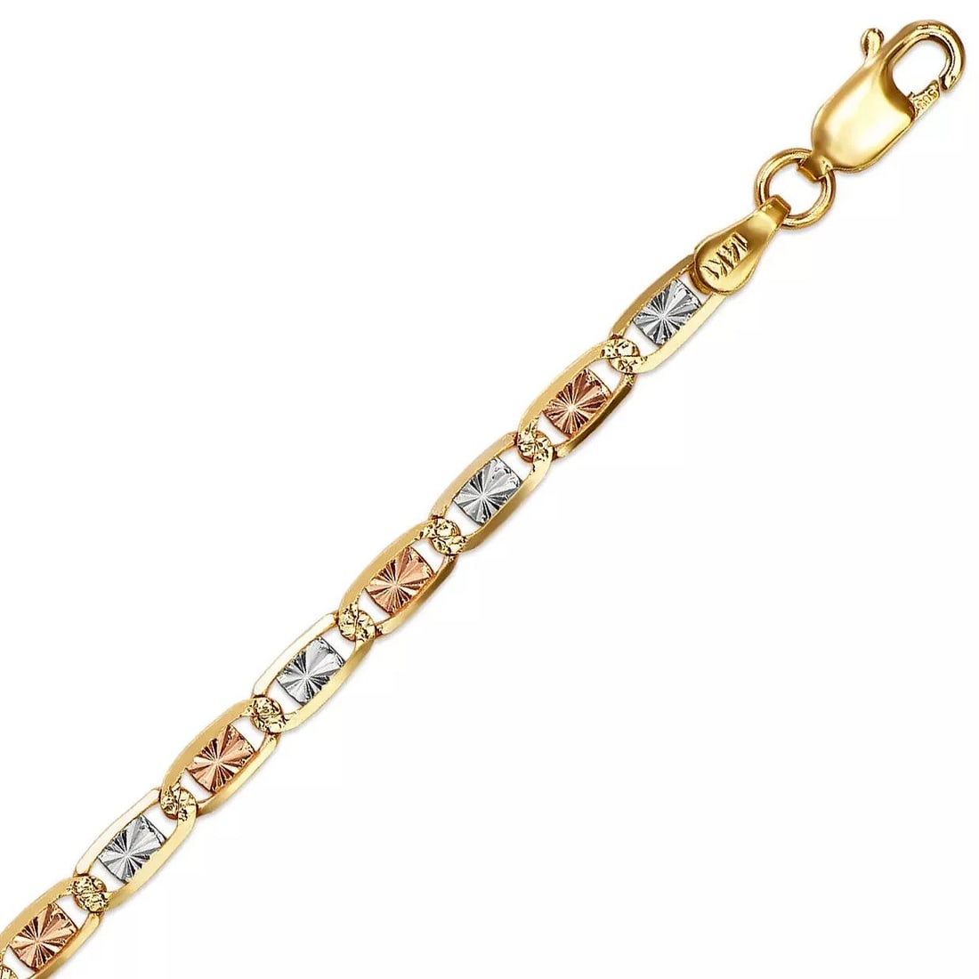 NEW 14K TRI COLOR VALENTINO D/C CHAIN NECKLACE: NEW 14K TRI COLOR VALENTINO D/C CHAIN NECKLACE 14K Tri Color Gold Apx Weight 1.5mm 18" = 1.3g 2.0mm 18" = 2.3g 2.4mm 18" = 3.1g 2.7mm 18" = 3.1g 3.0mm 18" = 6.9g 4.0mm 18" = 9.8g 5.0mm 18" = 1.2g 6.0m