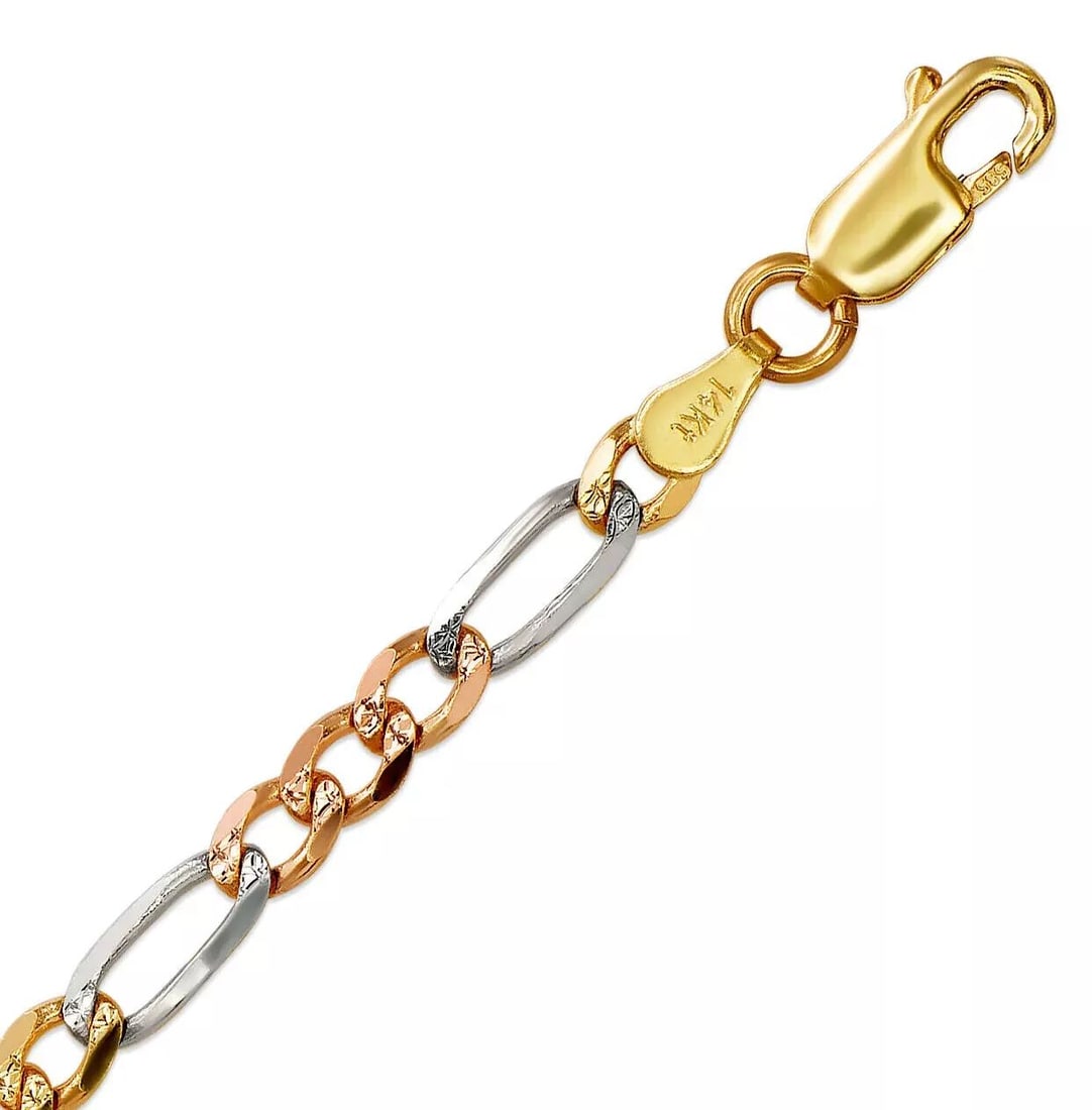 NEW 14K TRI COLOR GOLD FIGARO CHAIN NECKLACE: NEW 14K TRI COLOR GOLD FIGARO CHAIN NECKLACE 14K Tri Color Gold Apx Weight 1.7mm 18" = 2.5g 2.2mm 18" = 4.6g 3.1mm 18" = 7.4g 3.7mm 18" = 11.7g 4.5mm 18" = 2.3g Lobster Lock Available in Yellow, White