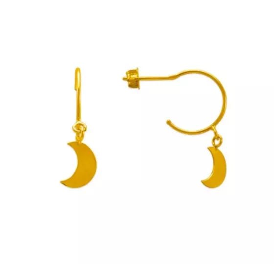 NEW 14K YELLOW GOLD DANGLING MOON STUD EARRINGS: NEW 14K YELLOW GOLD DANGLING MOON STUD EARRINGS 14K Yellow Gold Approx. 10mm Hoop Diameter/5.5x6.5mm Charm High Polished Push Backing Weight: 2.0 Grams