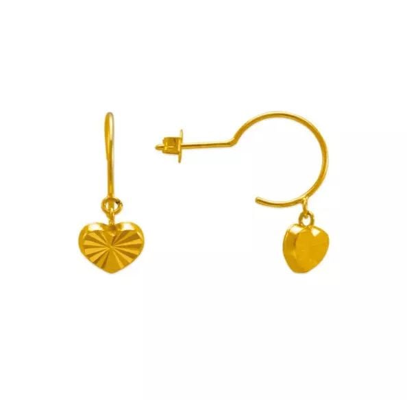 NEW 14K YELLOW GOLD DANGLING HEART STUD EARRINGS: NEW 14K YELLOW GOLD DANGLING HEART STUD EARRINGS 14K Yellow Gold Approx. 10mm Hoop Diameter/6.5x5mm Charm Diamond Cut Push Backing Weight: 2.0 Grams