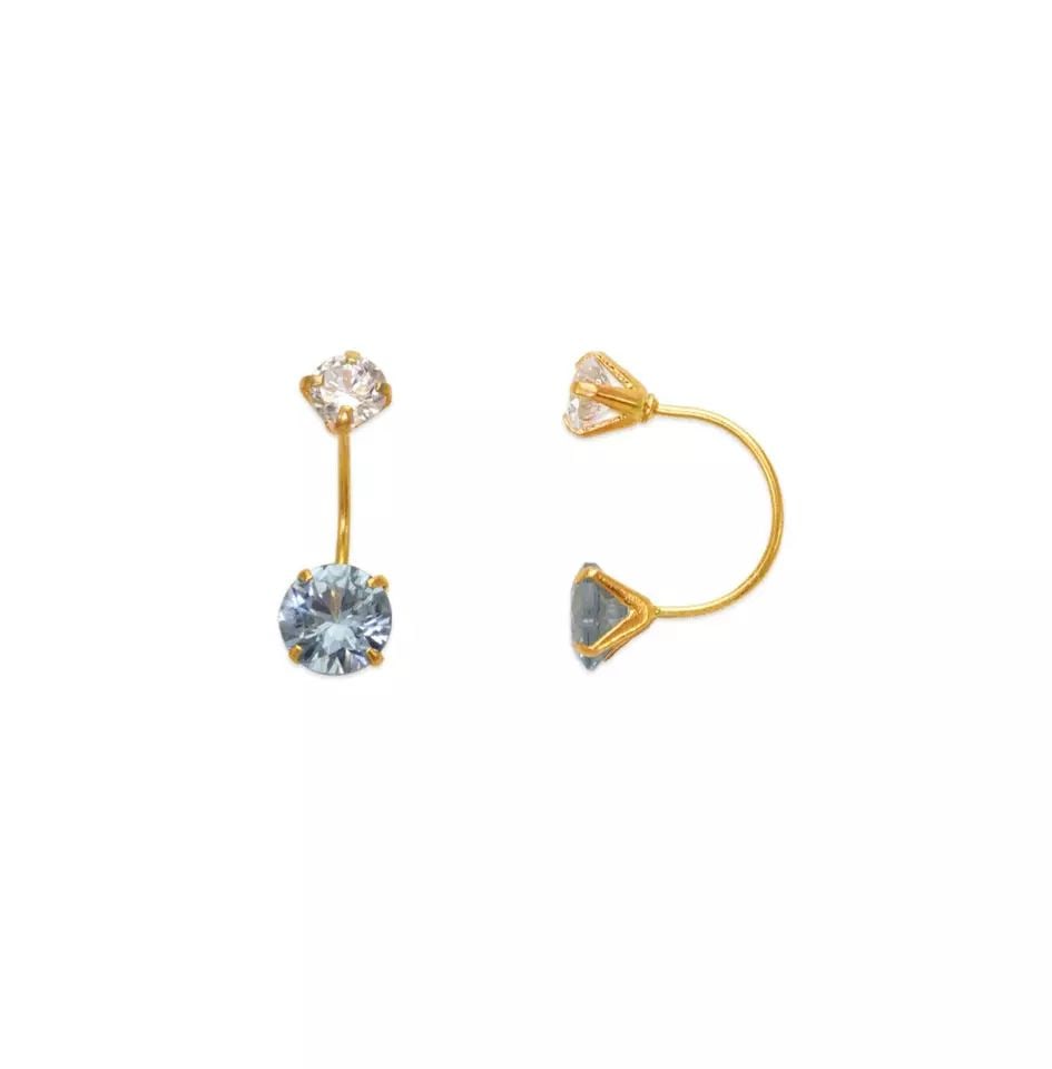 NEW 14K YELLOW GOLD LIGHT BLUE TELEPHONE CZ STUD EARRINGS: NEW 14K YELLOW GOLD LIGHT BLUE TELEPHONE CZ STUD EARRINGS 14K Yellow Gold Approx. 5mm Stone, 14mm Total Cubic Zirconia Screw Backing Available Colors: Blue, Green, Pink, Purple, Red, White, Yellow Wei