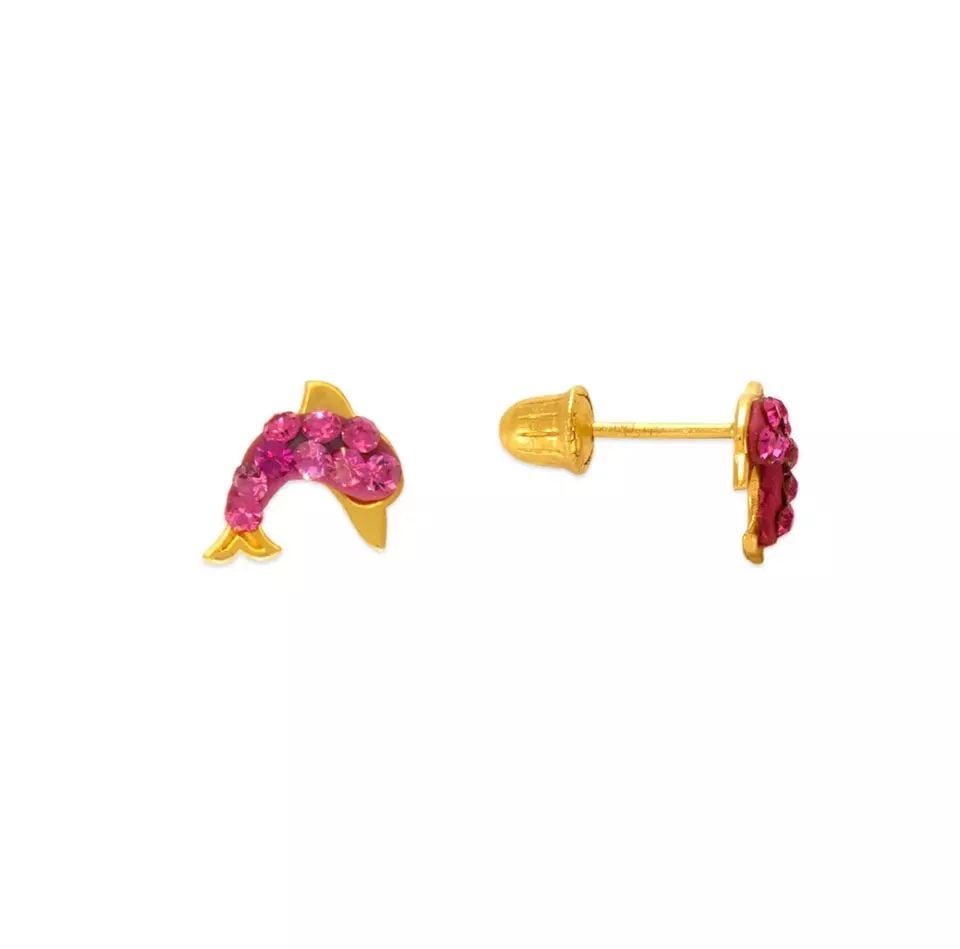 NEW 14K YELLOW GOLD PINK DOLPHIN ENAMEL CZ STUD EARRINGS (1 of 2)