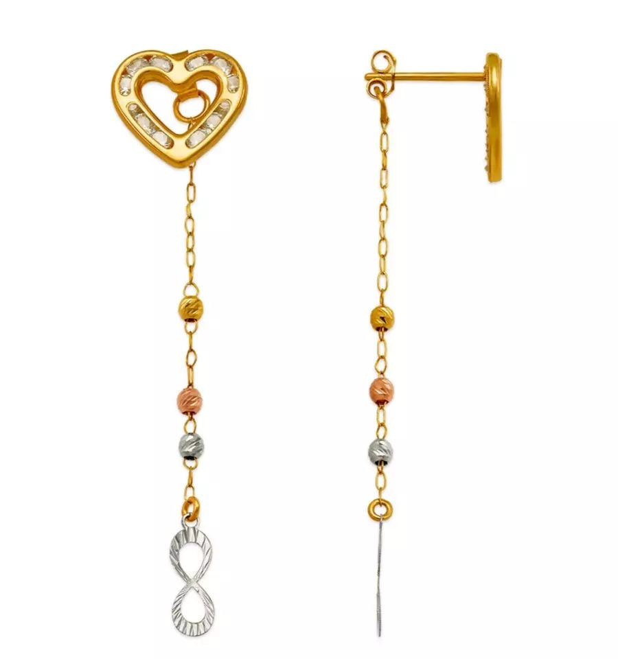 NEW 14K TRICOLOR GOLD HEART DANGLING CZ CUFF EARRINGS: NEW 14K TRICOLOR GOLD HEART DANGLING CZ CUFF EARRINGS 14K Tricolor Gold Approx. 13x58mm Diamond Cut/Cubic Zirconia Push Backing Weight: 2.0 Grams