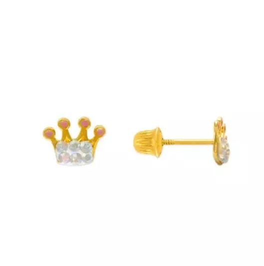 NEW 14K YELLOW GOLD CROWN ENAMEL CZ STUD EARRINGS: NEW 14K YELLOW GOLD CROWN ENAMEL CZ STUD EARRINGS 14K Yellow Gold Approx. 7x5mm Cubic Zirconia Screw Backing Weight: 2.0 Grams