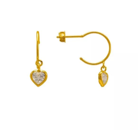 NEW 14K YELLOW GOLD DANGLING WHITE HEART CZ STUD EARRINGS (1 of 2)