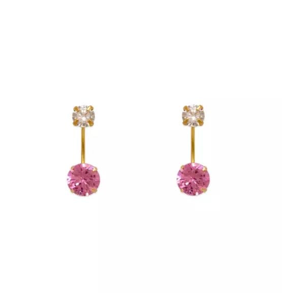 NEW 14K YELLOW GOLD PINK TELEPHONE CZ STUD EARRINGS: NEW 14K YELLOW GOLD PINK TELEPHONE CZ STUD EARRINGS 14K Yellow Gold Approx. 5mm Stone, 14mm Total Cubic Zirconia Screw Backing Available Colors: Blue, Green, Light Blue, Purple, Red, White, Yellow Wei