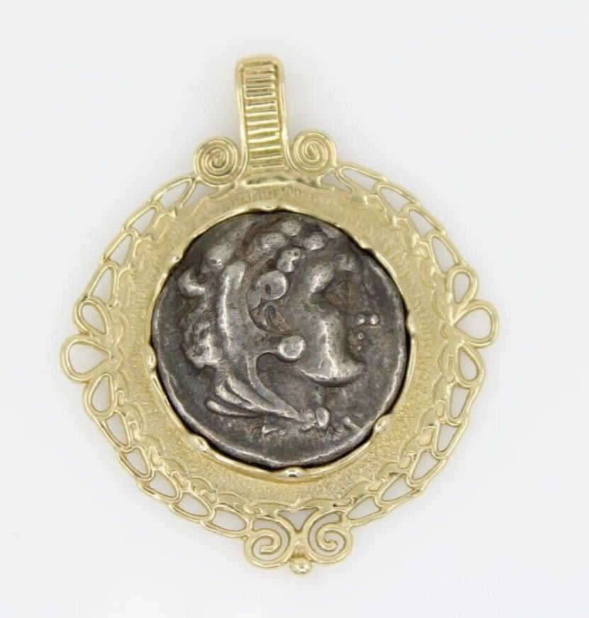 ANCIENT GREEK ALEXANDER THE GREAT 336-323 BC SILVER TETRADRACHM IN 14K PENDANT (1 of 2)