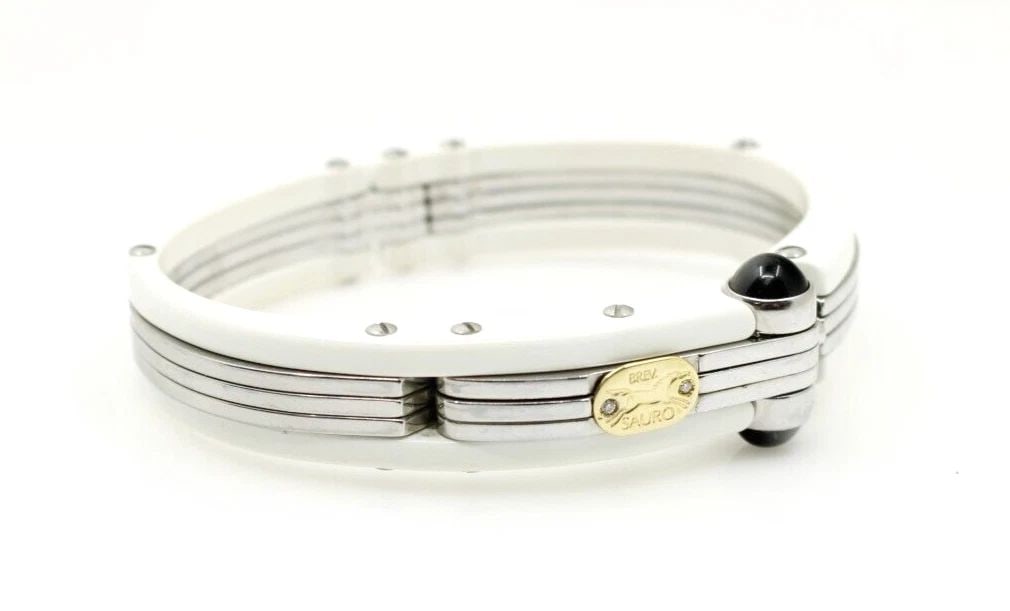 SAURO BREV WHITE & STEEL 18K GOLD DIAMOND TAG MEN'S LUXURY BRACELET (1 of 2)