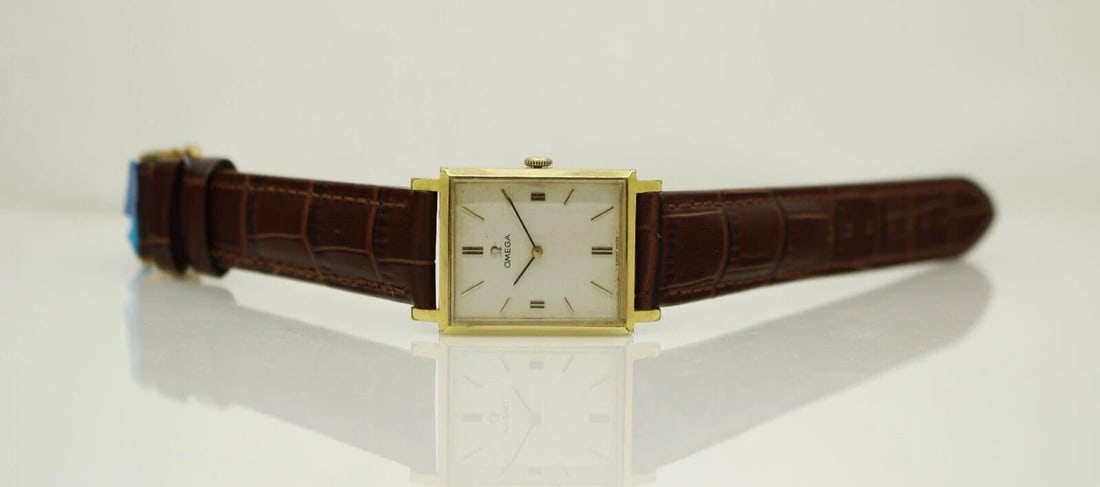 VINTAGE OMEGA GOLD FILLED 24MM TANK MEN'S CLASSIC WATCH W/ BROWN BAND H5328B (1 of 2)