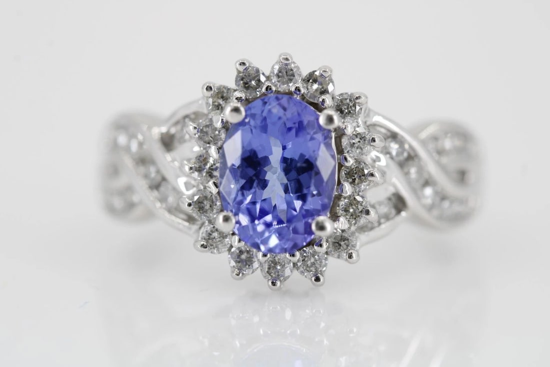 14K WHITE GOLD 1.7 TCW OVAL TANZANITE AND DIAMOND RING SIZE 7 ~ 4.1 GRAMS (1 of 2)