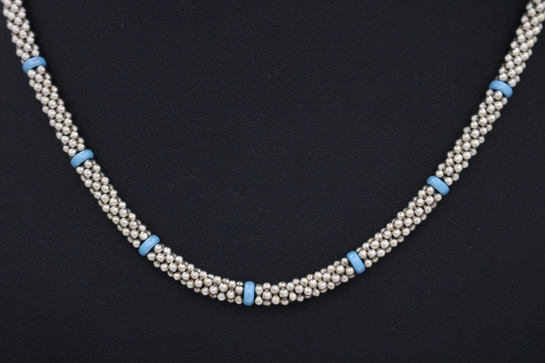 LAGOS STERLING SILVER BLUE CAVIAR CERAMIC BEADED STATION 5MM CAVIAR NECKLACE 18": LAGOS STERLING SILVER BLUE CAVIAR CERAMIC BEADED STATION 5MM CAVIAR NECKLACE 18" Description Lagos Sterling Silver Blue Caviar Ceramic Beaded Station 5mm Caviar Necklace Necklace is in good condition.