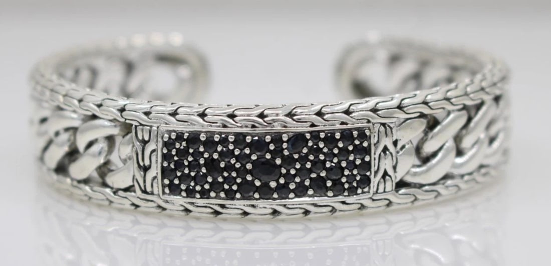 JOHN HARDY STERLING SILVER BLACK SAPPHIRE CUFF BRACELET 7" - 71.8 G (1 of 2)