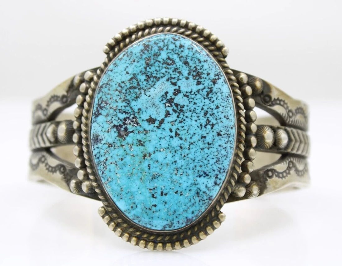 NAVAJO HS HERMON SMITH STERLING SILVER TURQUOISE CUFF BRACELET 7" - 104.2 GR (1 of 2)