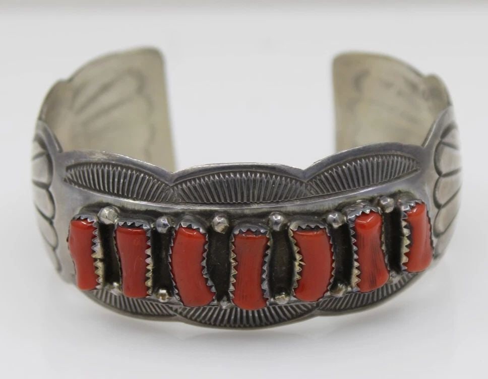 NAVAJO WILBERT BENALLY WB STERLING SILVER RED CORAL CUFF BRACELET 6" - 42.6 G (1 of 2)