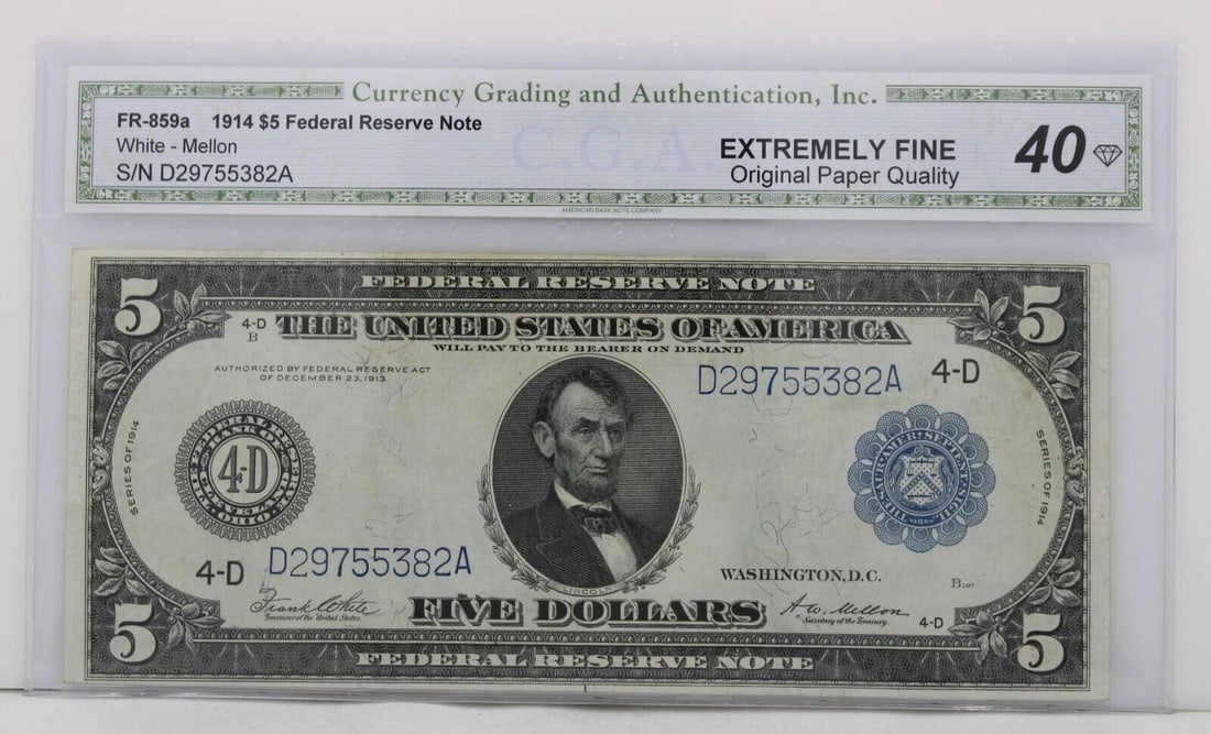 $5 FR-859A 1914 FEDERAL RESERVE NOTE CGAI 40 EXTREMELY FINE OPQ S/N D29755382A (1 of 2)