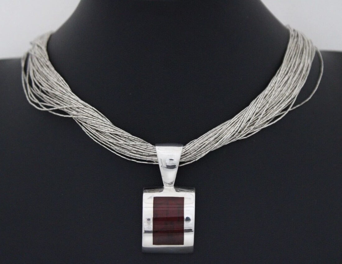 NATIVE AMERICAN STERLING 48 STRAND 30" LIQUID SILVER NECKLACE W/ JASPER PENDANT: NATIVE AMERICAN STERLING 48 STRAND 30" LIQUID SILVER NECKLACE W/ JASPER PENDANT NATIVE AMERICAN STERLING 48 STRAND 30" LIQUID SILVER NECKLACE W/ JASPER PENDANT Description Q.T.C Native American Sterli