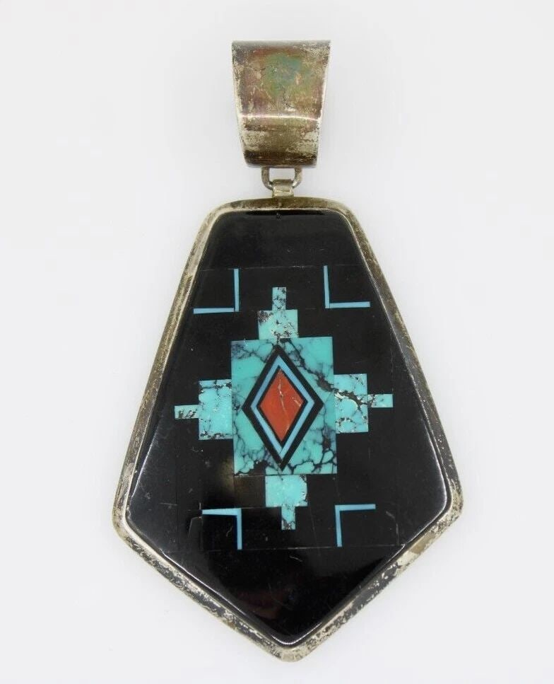 NAVAJO RAYMOND DELGARITO STERLING SILVER TURQUOISE INLAY PENDANT 19.3 GRAMS (1 of 2)