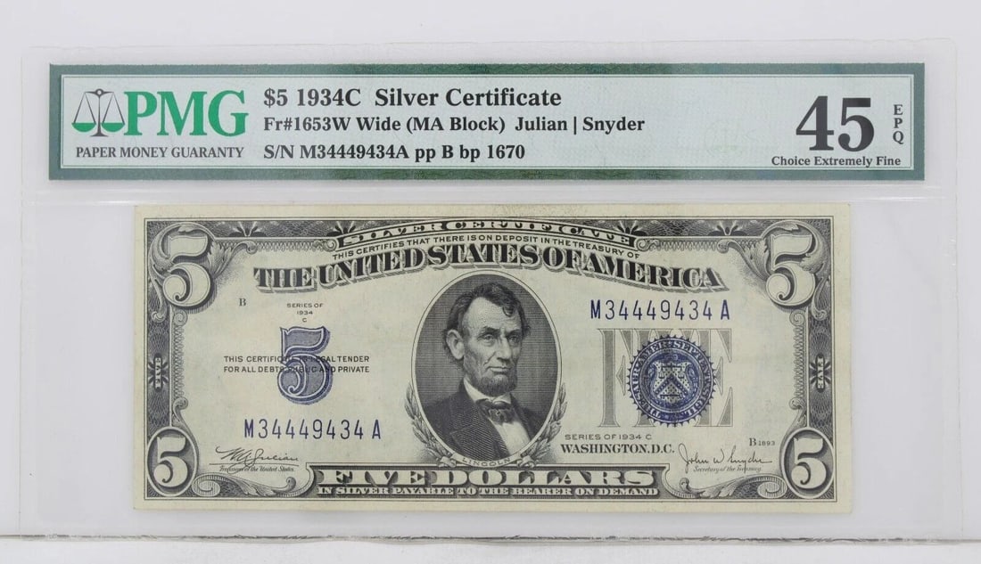 $5 1934C SILVER CERTIFICATE 45 CHOICE EXTREMELY FINE S/N M34449434A PP B BP 1670 (1 of 2)