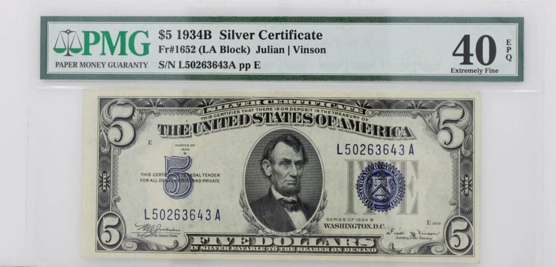 $5 1934B SILVER CERTIFICATE NOTE FR#1652 LA BLOCK PMG 40 EBQ EXTREMELY FINE (1 of 2)