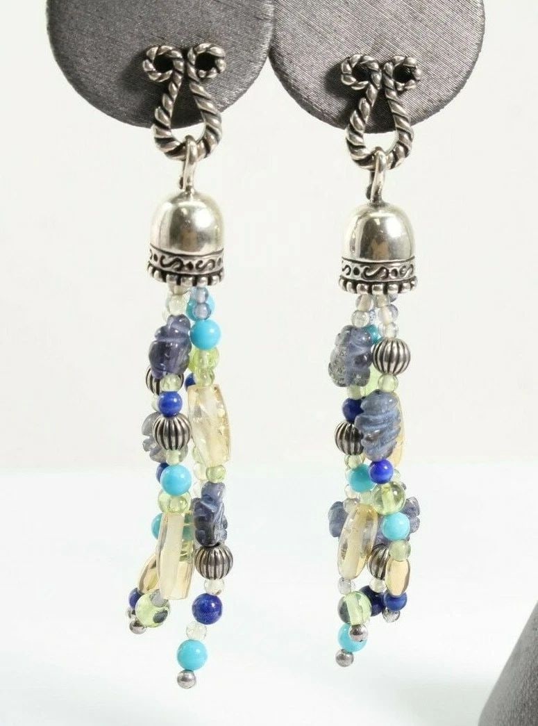 14K WHITE GOLD AND STERLING SILVER BEADED TASSEL EARRINGS TWO INCH DANGLE: 14K WHITE GOLD AND STERLING SILVER BEADED TASSEL EARRINGS TWO INCH DANGLE 14K WHITE GOLD AND STERLING SILVER BEADED TASSEL EARRINGS TWO INCH DANGLE Description 14k White Gold and Sterling Silver Beade