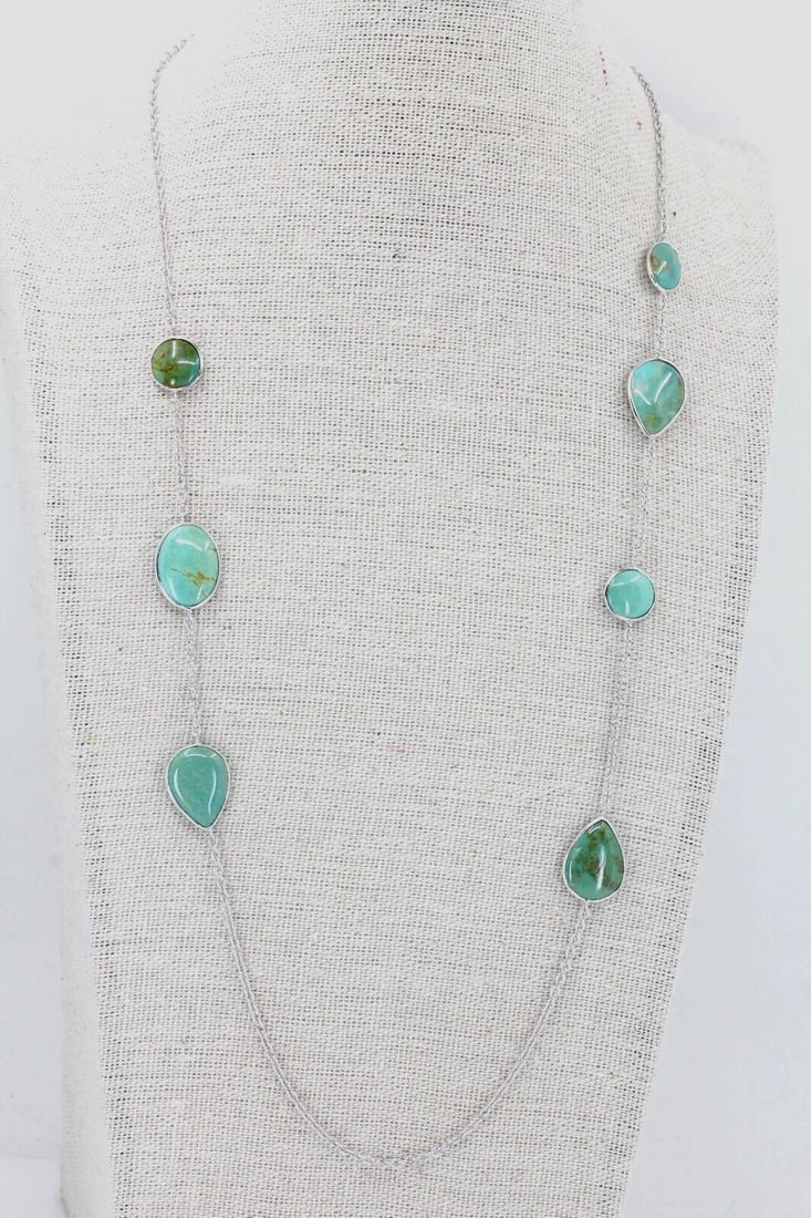 DESIGNER STERLING SILVER & TURQUOISE TEAR DROPS 24-27" NECKLACE ~11.7G: DESIGNER STERLING SILVER & TURQUOISE TEAR DROPS 24-27" NECKLACE ~11.7G Description Designer Sterling Silver & Turquoise Tear Drops 24-27" Necklace Designer necklace adjustable from 24" to 27" in great