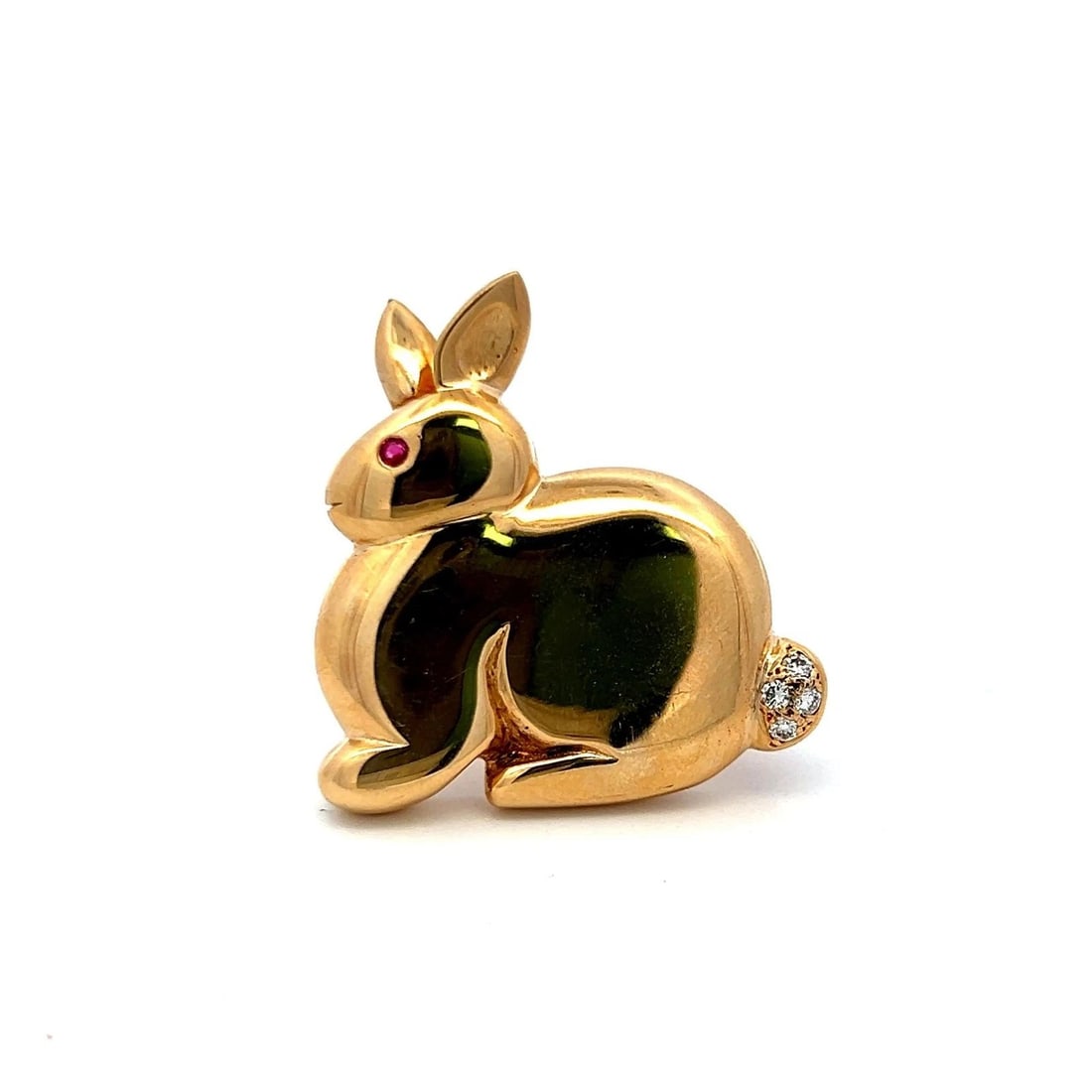 18K YELLOW GOLD BUNNY BROOCH WITH DIAMOND TAIL AND RUBY EYE VINTAGE PIN (1 of 2)