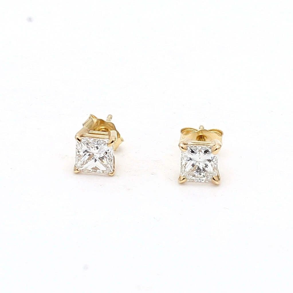 1.42 CARAT PRINCESS CUT F SI1 DIAMOND 14K YELLOW GOLD STUD EARRINGS (1 of 2)