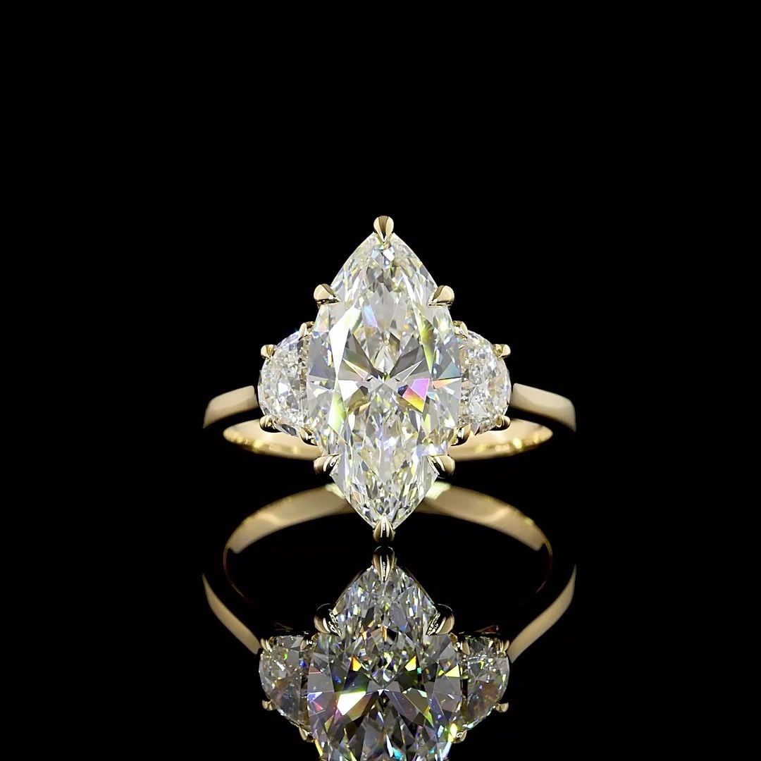 LAB-GROWN 3.7 CARAT MARQUISE D-VVS2 DIAMOND 14K YELLOW GOLD 3 STONES RING (1 of 2)