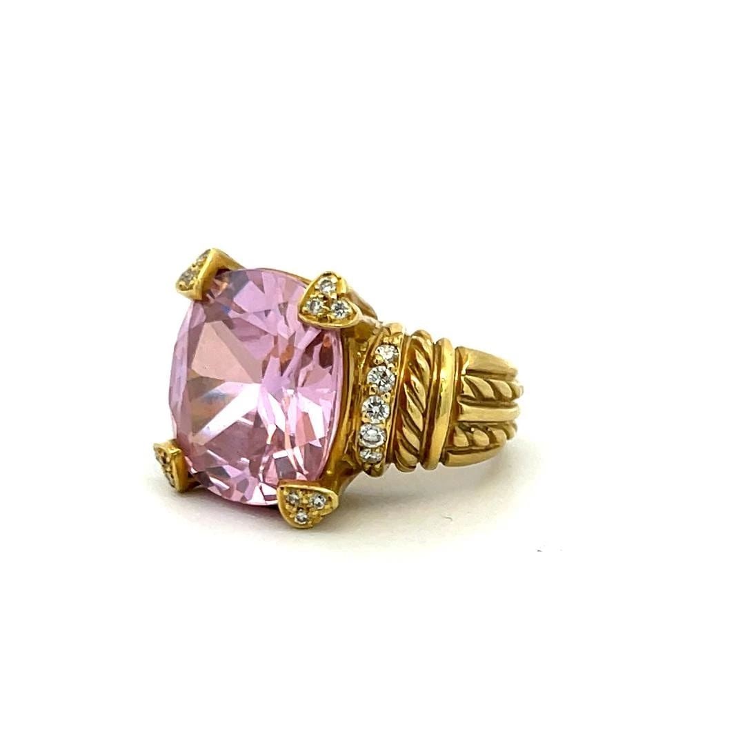JUDITE RIPKA 16-14.5MM PINK QUARTZ 18 KARAT YELLOW GOLD COCKTAIL RING: JUDITE RIPKA 16-14.5MM PINK QUARTZ 18 KARAT YELLOW GOLD COCKTAIL RING Designer: Judite Ripka Title: Judite Ripka 1.00 Carat Cushion Modified Brilliant Cut 18 Karat Yellow Gold Cocktail Ring Style: Coc