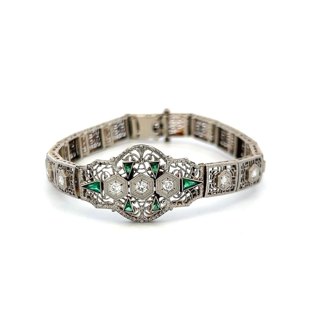 0.80CT EMERALD & 0.35CT OLD EUROPEAN DIAMOND ART DECO BRACELET IN 14K GOLD (1 of 2)