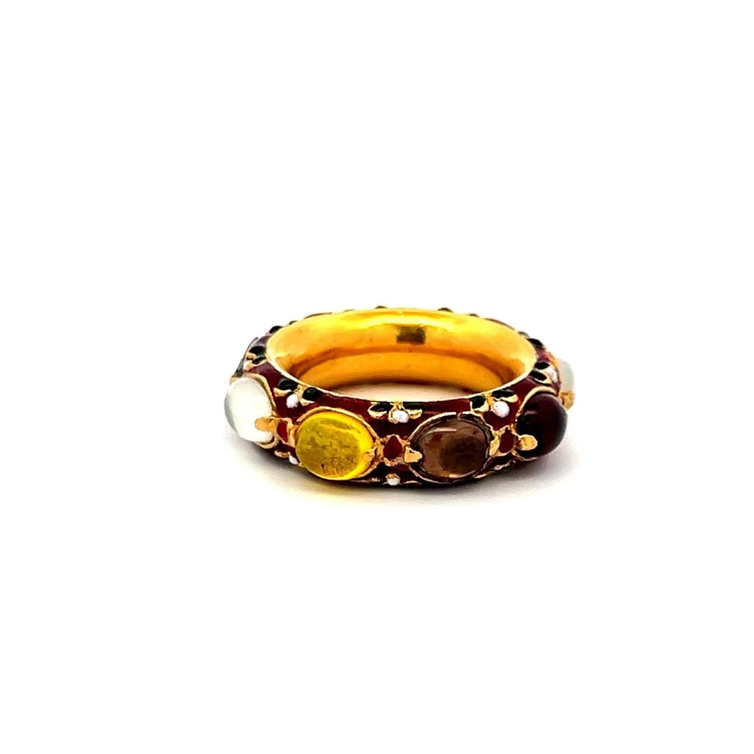 MULTI-GEMSTONE & DIAMOND 18K YELLOW GOLD ENAMEL BAND RING: MULTI-GEMSTONE & DIAMOND 18K YELLOW GOLD ENAMEL BAND RING Title: A beautifully crafted vintage 18K yellow gold band ring adorned with an array of natural cabochon-cut gemstones and accented by a delic