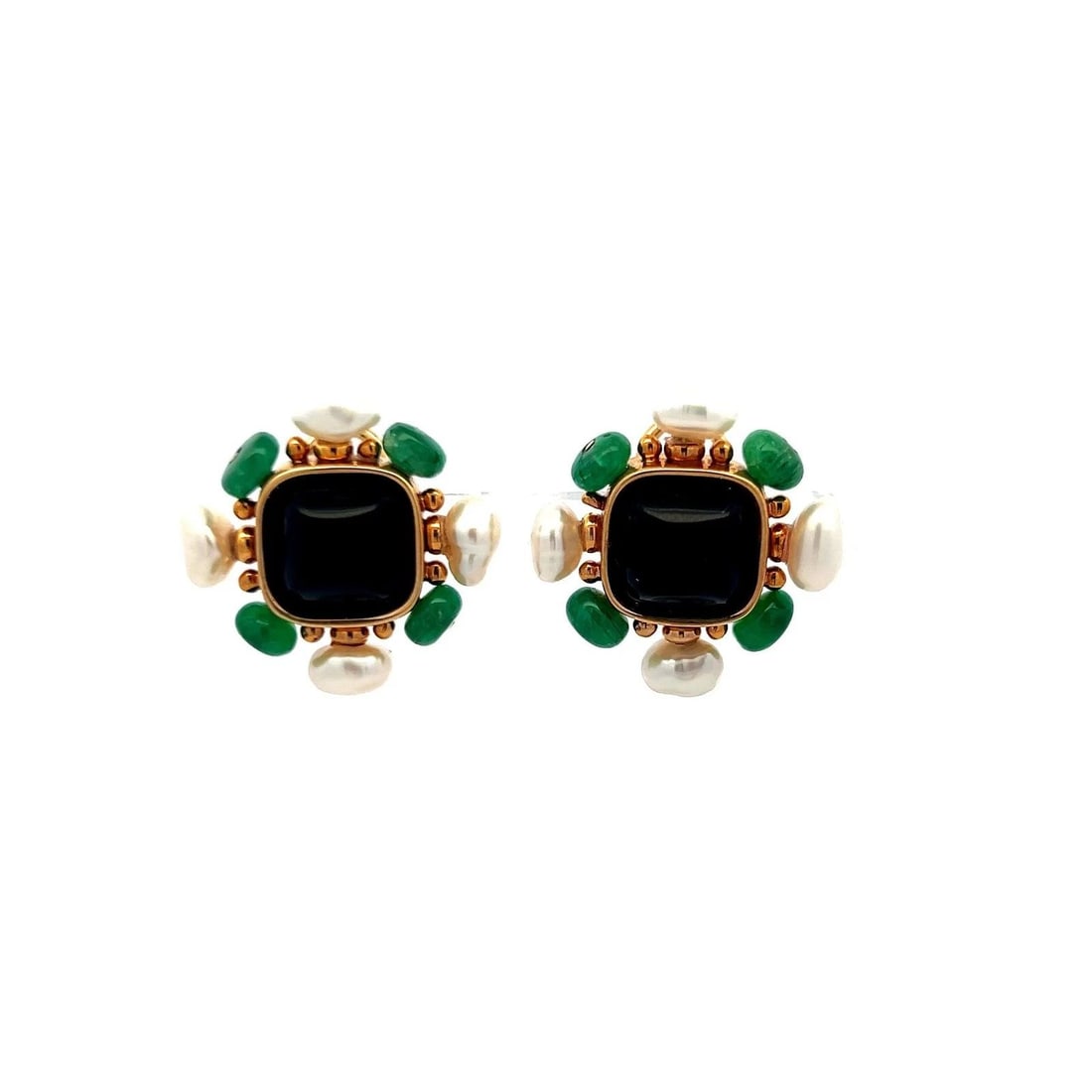 VINTAGE 14K YELLOW GOLD ONYX, EMERALD & PEARL FLORAL CLIP-ON EARRINGS (1 of 2)