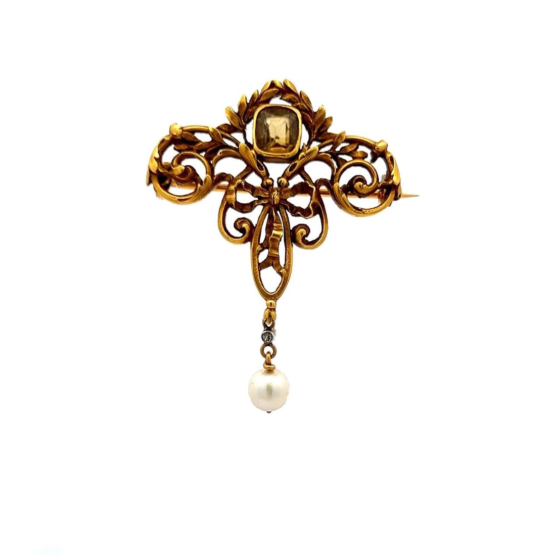 1.00 CARAT CITRINE 5.8MM PEARL 0.01 CARAT DIAMOND 18K YELLOW GOLD PIN BROOCH (1 of 2)