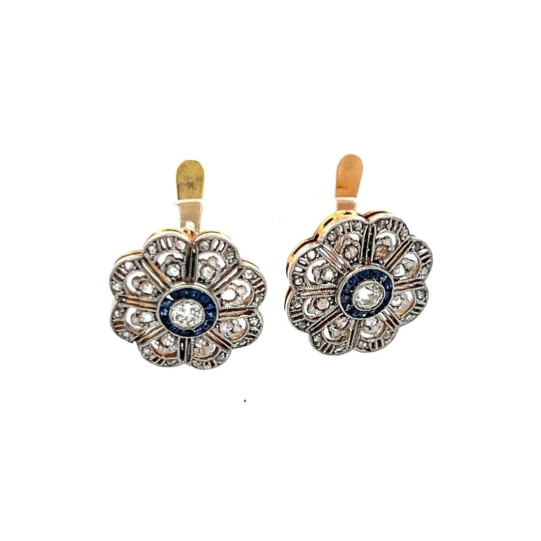 0.57 CARAT OLD EUROPEAN CUT DIAMOND 0.14 CARAT SAPPHIRE 18K GLD/PLAT EARRINGS (1 of 1)