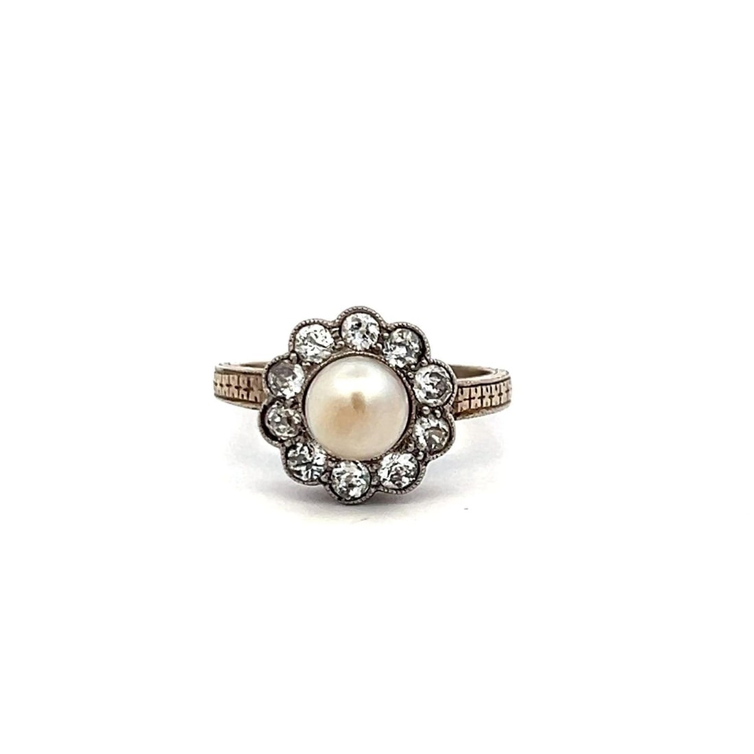 VINTAGE PEARL & OLD EUROPEAN CUT DIAMOND HALO RING IN 14K WHITE GOLD (1 of 2)