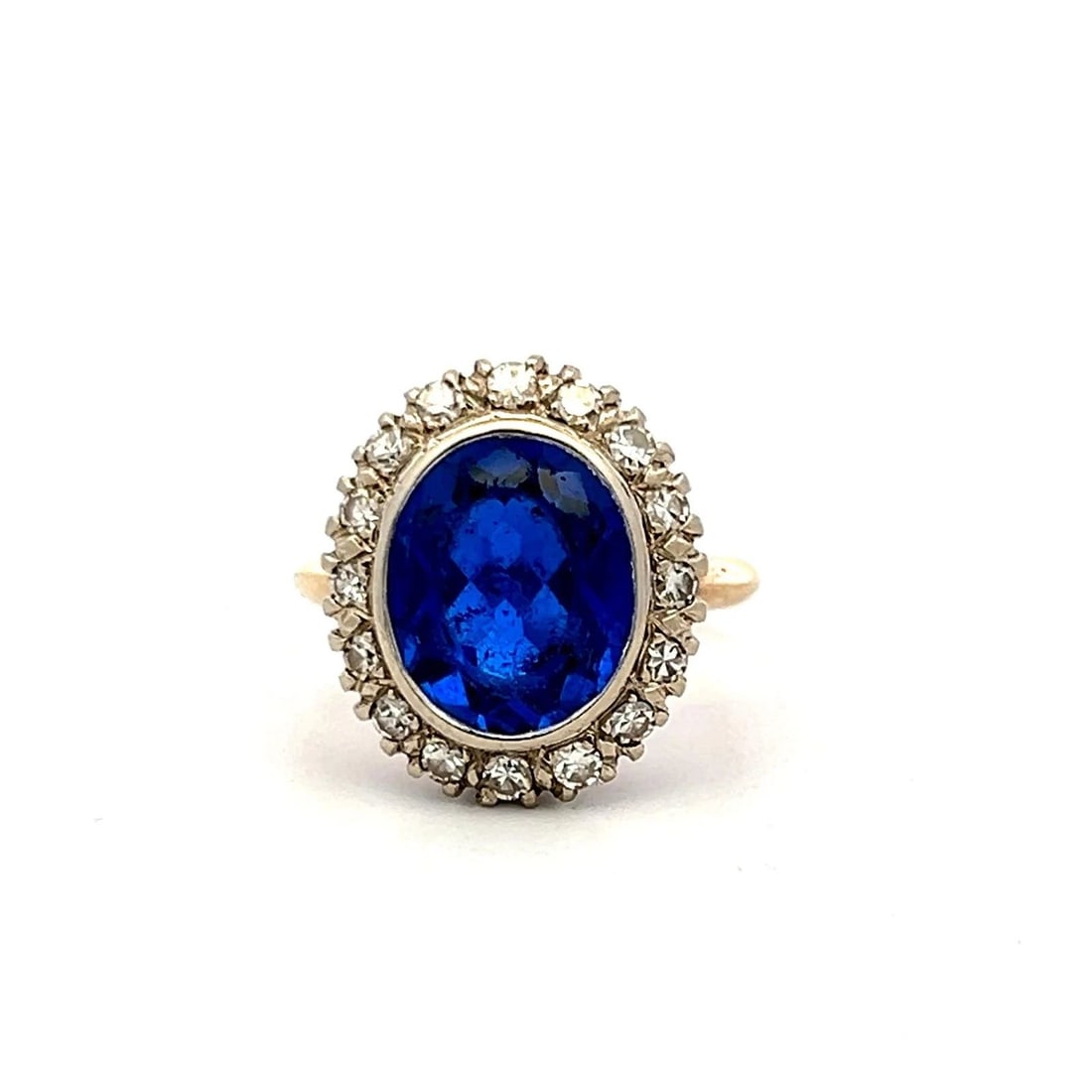 4.00 CARAT SYNTHETIC SAPPHIRE 0.36 CARAT DIAMOND 14K YELLOW GOLD HALO RING (1 of 2)