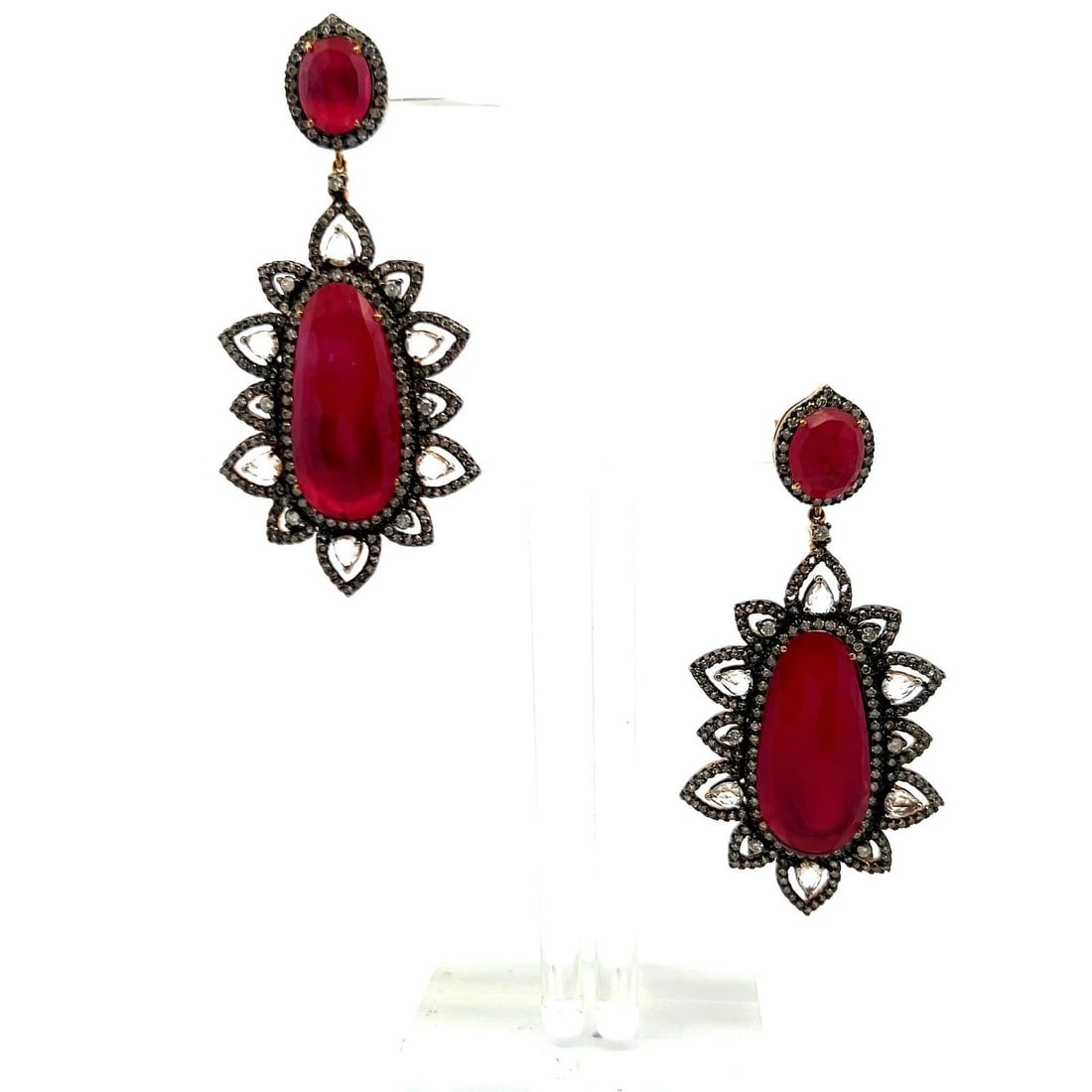 3.90 CARAT ROUND-PEAR SHAPE DIAMOND 26.5-11.9 MM RUBY 18K GOLD-SILVER EARRINGS (1 of 2)