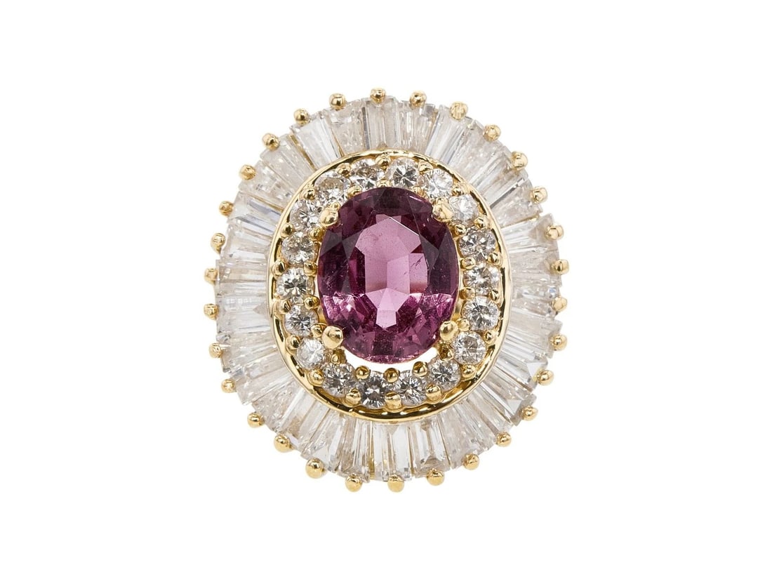 3.20 CARAT BAGUETTE & ROUND DIAMOND 2.90 CARAT TOURMALINE 14K YG COCKTAIL RING (1 of 2)