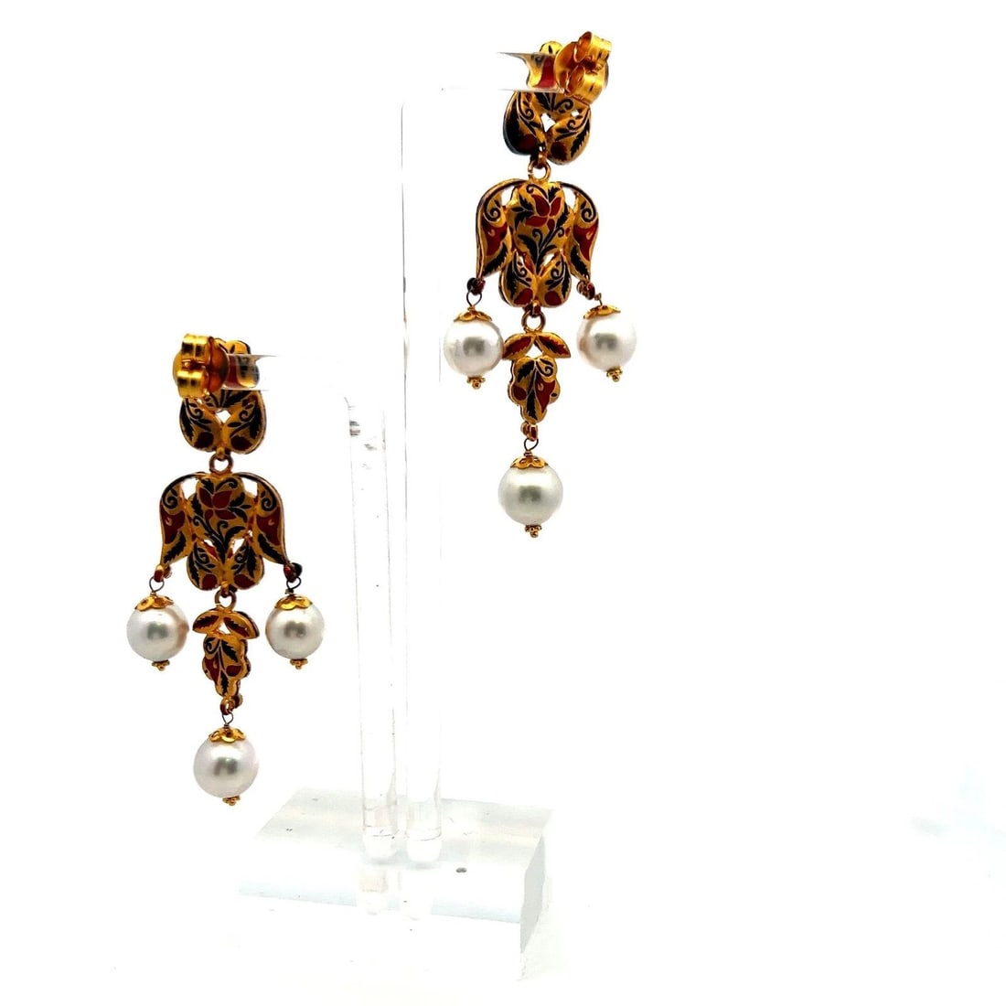 2.20 CARAT RUBY & 8.2–9.5MM PEARL 18 KARAT YELLOW GOLD DANGLING EARRINGS (1 of 2)