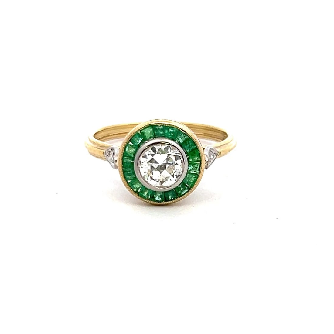 0.72 CARAT OLD EUROPEAN CUT DIAMOND 0.30 CARAT EMERALD 18K YELLOW GOLD RING (1 of 2)