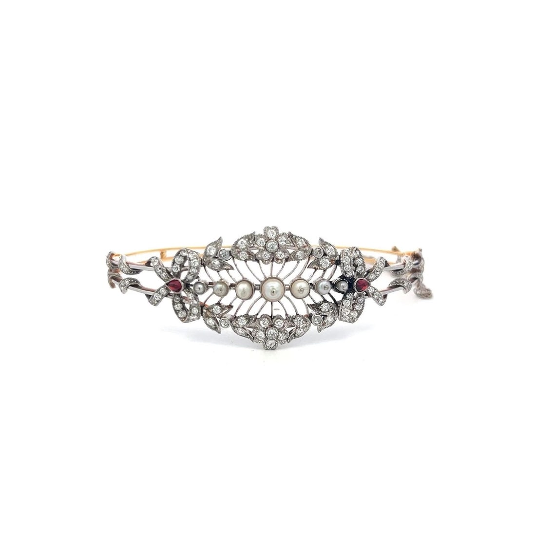 1.00 CARAT DIAMOND 1.7-4.1MM PEARL 0.20 CARAT RUBY 14K GOLD BANGLE BRACELET (1 of 2)