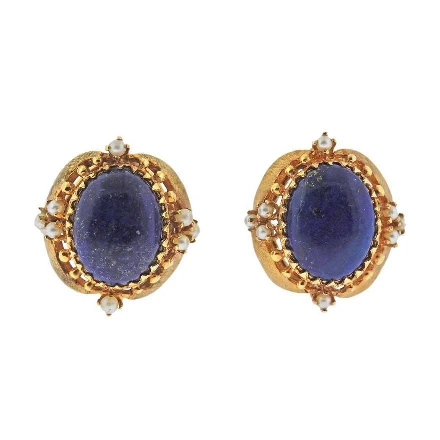VINTAGE BLUE LAPIS 18 GRAMS 18 KARAT YELLOW GOLD CLIP ON EARRING (1 of 2)