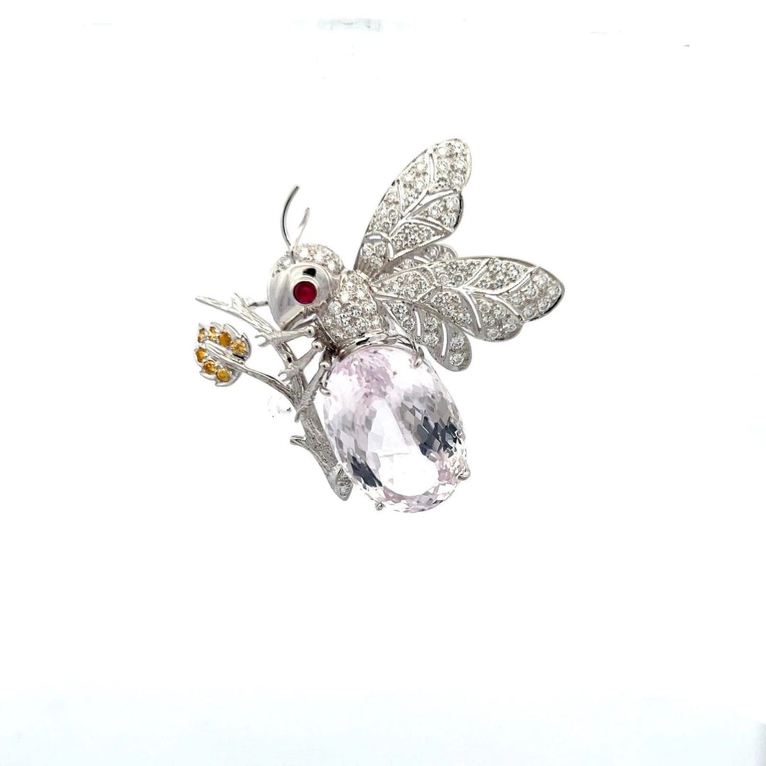 30.00 CARAT KUNZITE 2.20 CARAT ROUND BRILLIANT DIAMOND 18K WHITE GOLD PIN BROOCH (1 of 2)