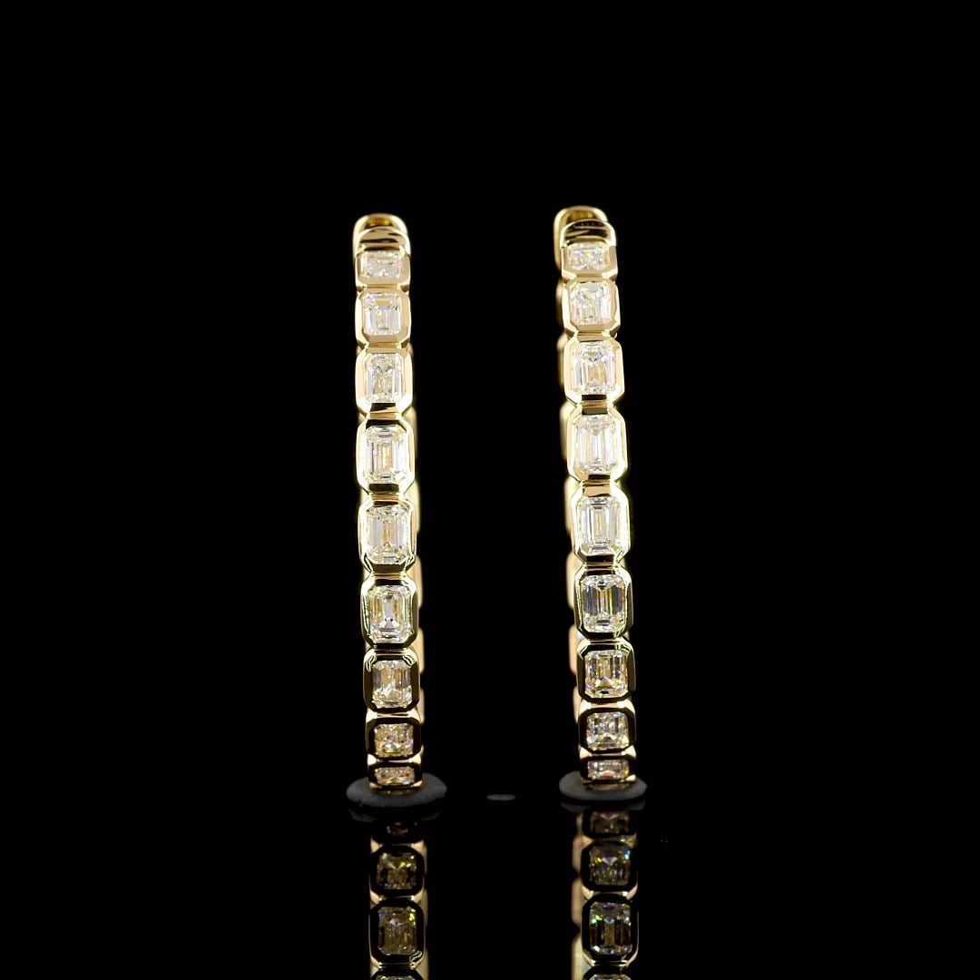 LAB-GROWN 2.99 CARAT EMERALD F-VS1 DIAMOND 14K YELLOW GOLD HOOPS EARRINGS (1 of 2)
