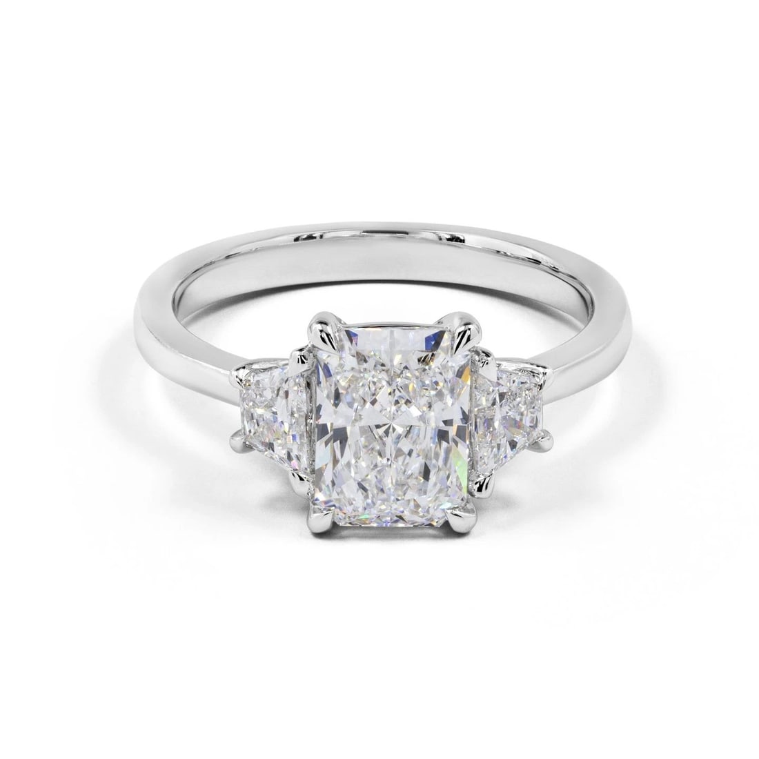 LAB-GROWN 2.19 CARAT RADIANT D-VS1 DIAMOND PLATINUM 3 STONES RING: LAB-GROWN 2.19 CARAT RADIANT D-VS1 DIAMOND PLATINUM 3 STONES RING Title: High-quality Brand-New Echo Friendly Elegant Lab-Grown 2.19 Carat Radiant D-VS1 Diamond Platinum 3 Stones Ring Video Link: Watc