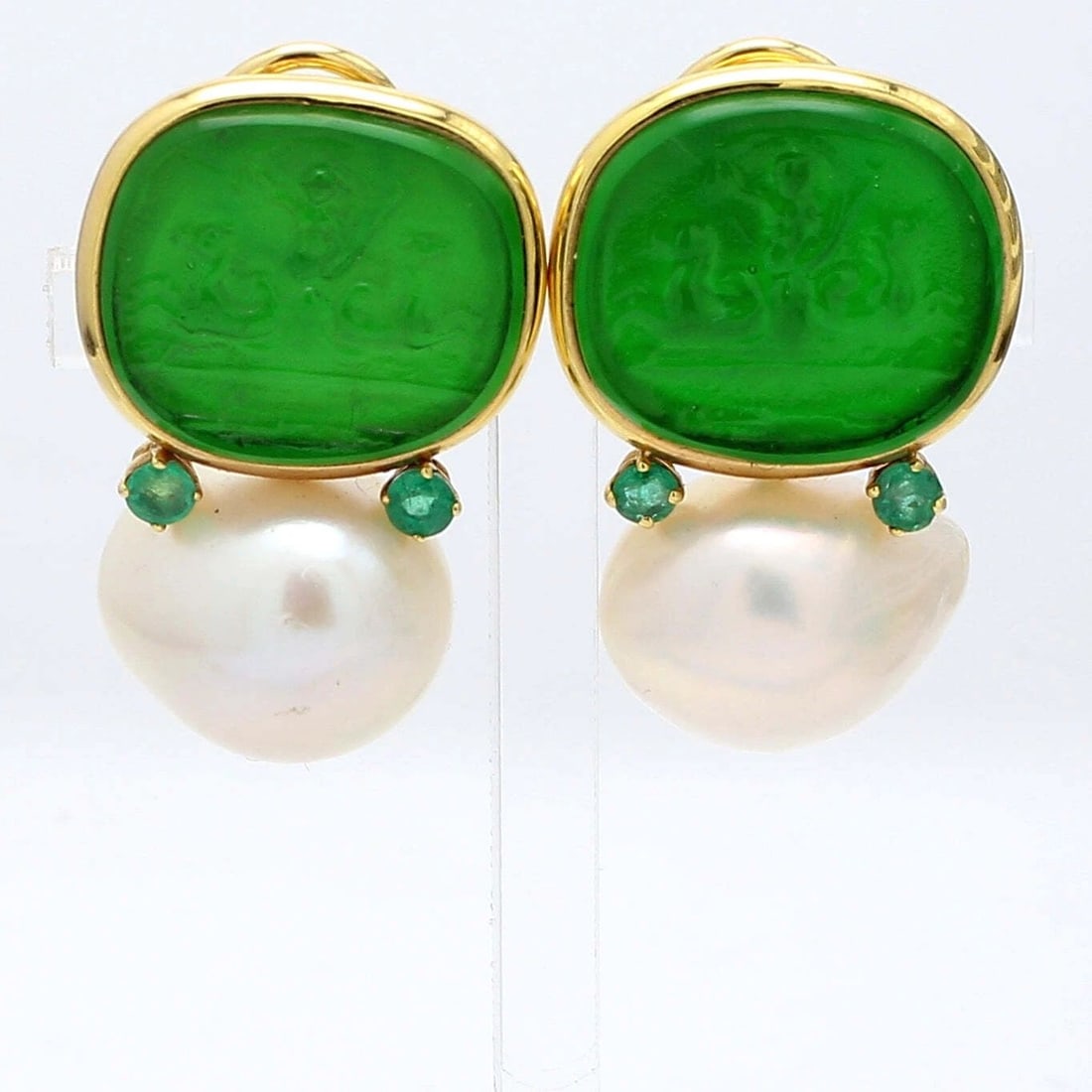 VINTAGE 14K YELLOW GOLD EMERALD PEARL AND JADE DROP EARRING 0.6 (1 of 2)