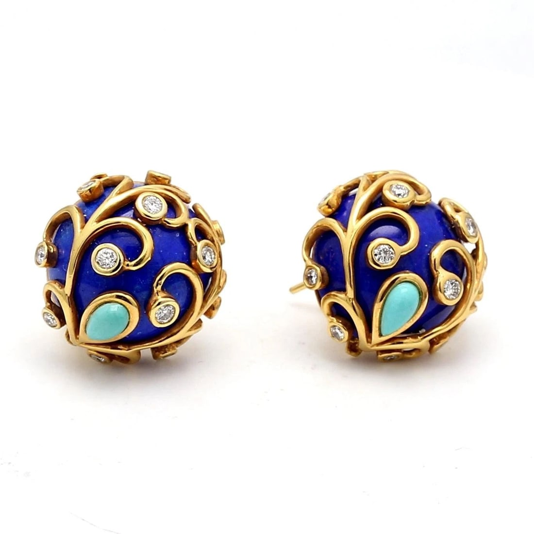0.24 CARAT ROUND DIAMOND CABOCHON LAPIS LAZULI 18K YELLOW GOLD CLIP ON EARRINGS (1 of 2)