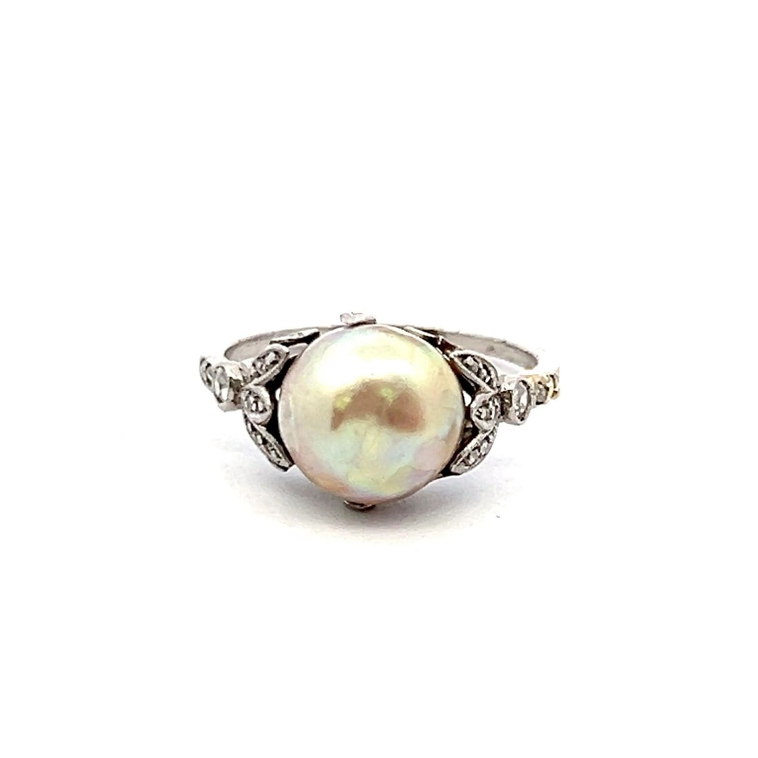 0.12 CARAT OLD EUROPEAN CUT DIAMOND 8.75MM PEARL PLATINUM ART DECO RING (1 of 2)